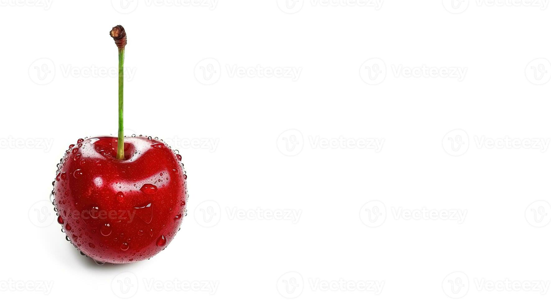 Wet ripe cherry isolated on white background with space for text. AI generated photo