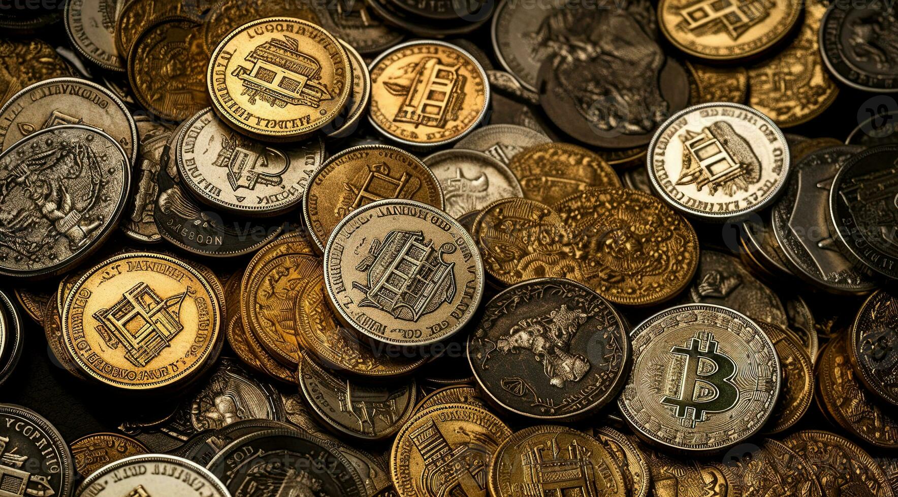 Coins bitcoins. A set of metal round money. AI Generated photo