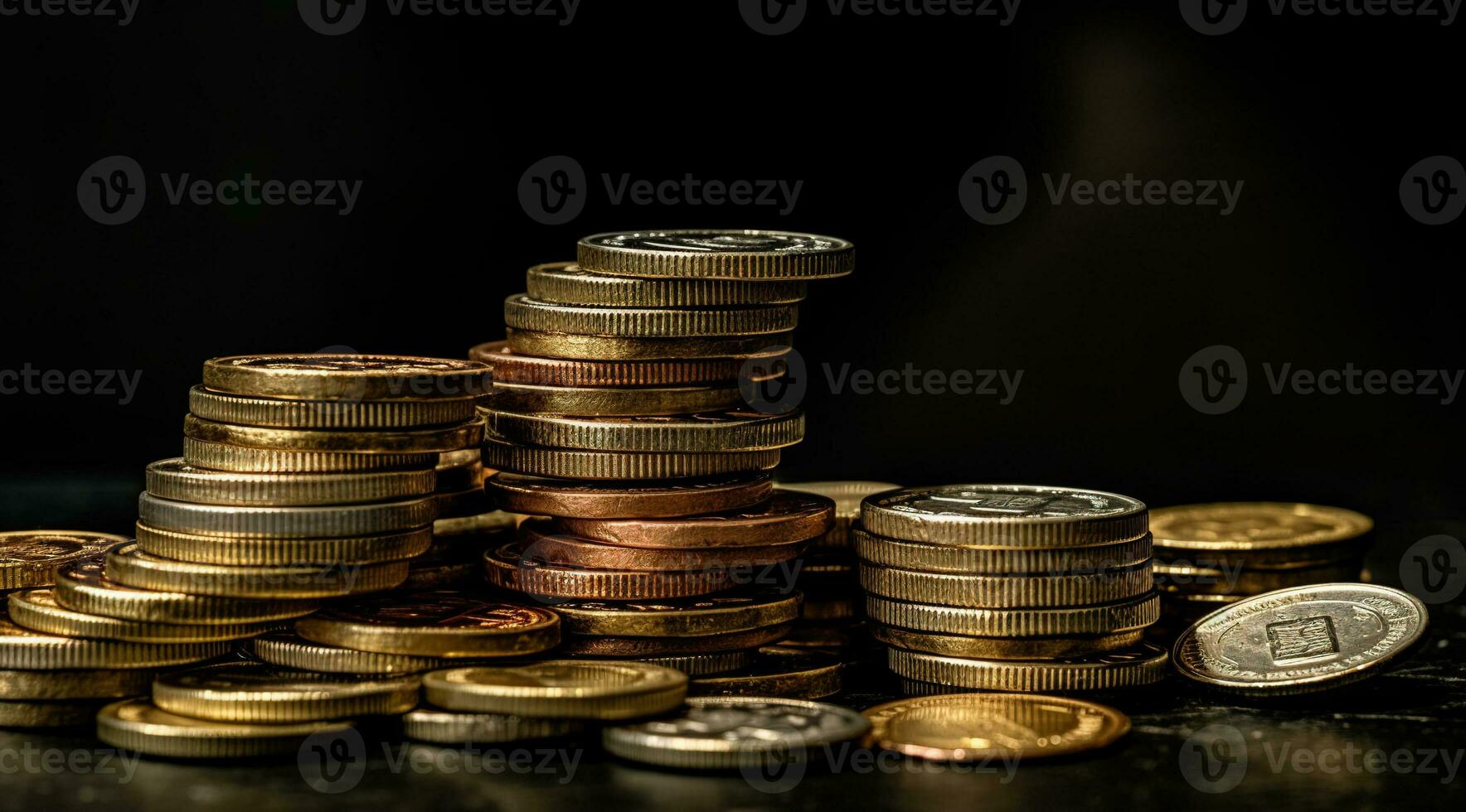 Round coins on a black background. AI Generated photo