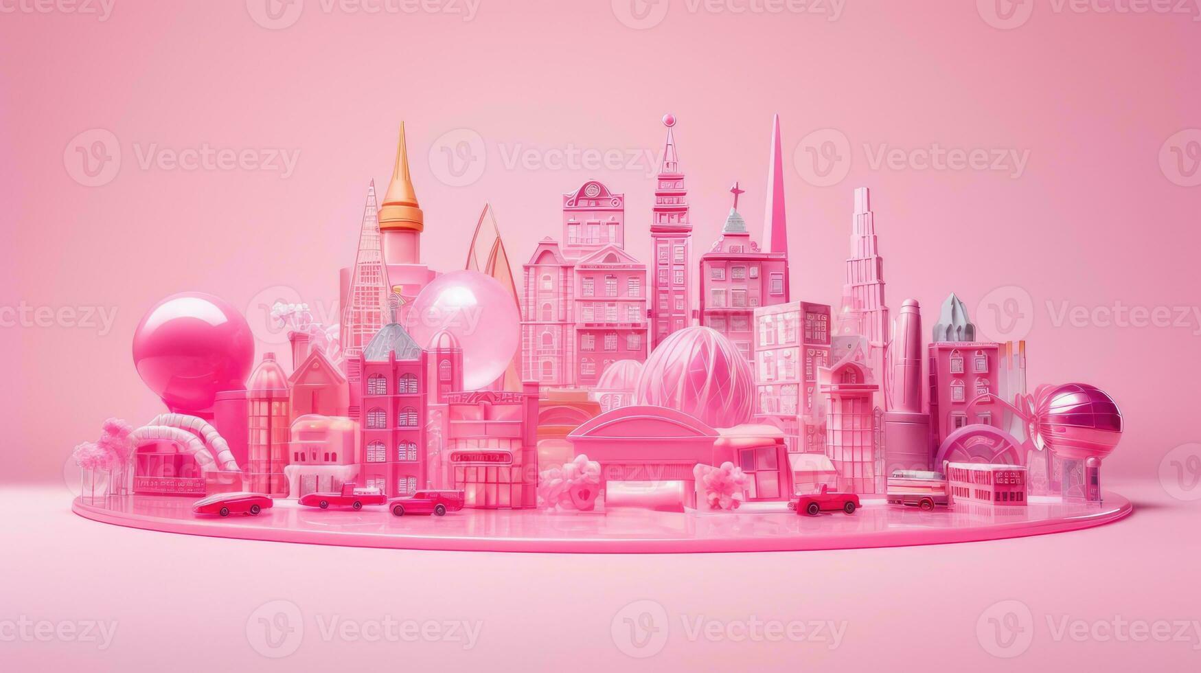 Mini toy city concept isolated on pink. Toy constructor - girly pink city. AI generated photo