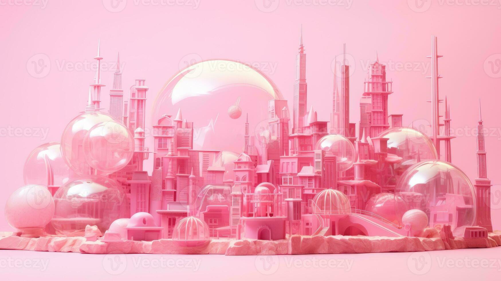 Mini toy city concept isolated on pink. Toy constructor - girly pink city. AI generated photo
