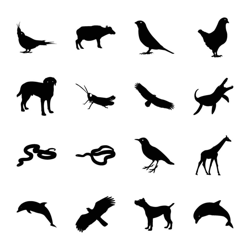 paquete de mamíferos, aves y animales sólido icono vectores