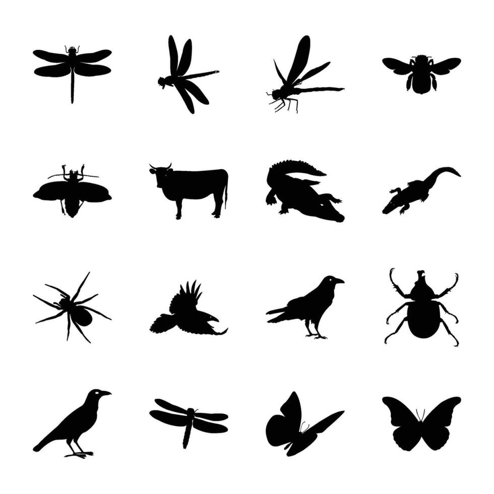 paquete de insectos, aves y animales sólido icono vectores