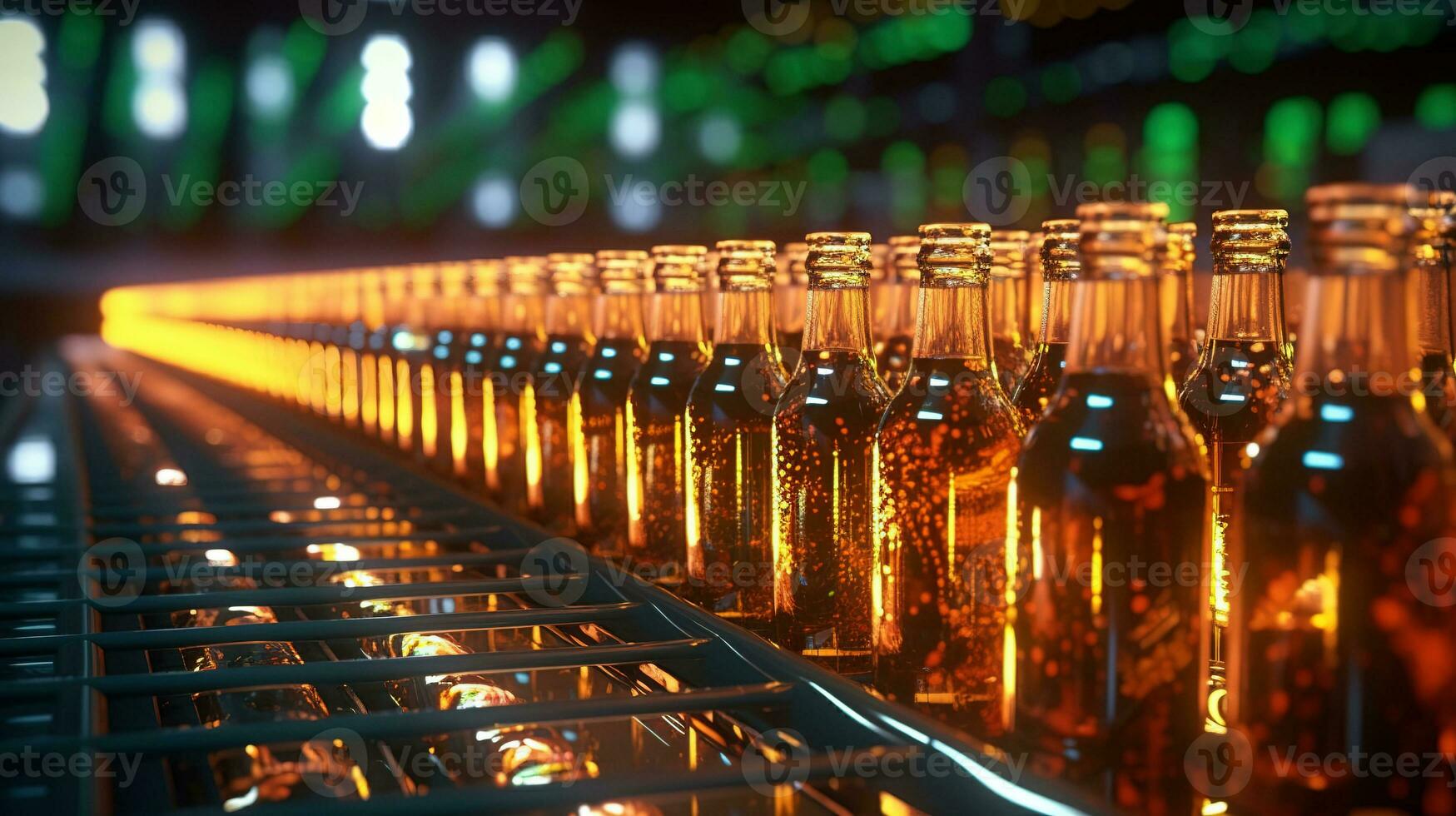 A conveyor belt filled with bottles at a beer bottling factory. Bottles on the conveyor. Beer packaging shop. Blurred background. photo