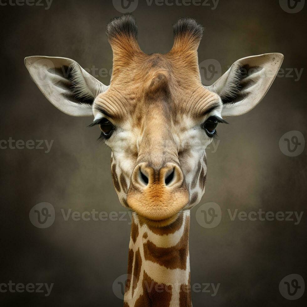 Studio portrait of a giraffe's face on a gray background. Generative AI photo