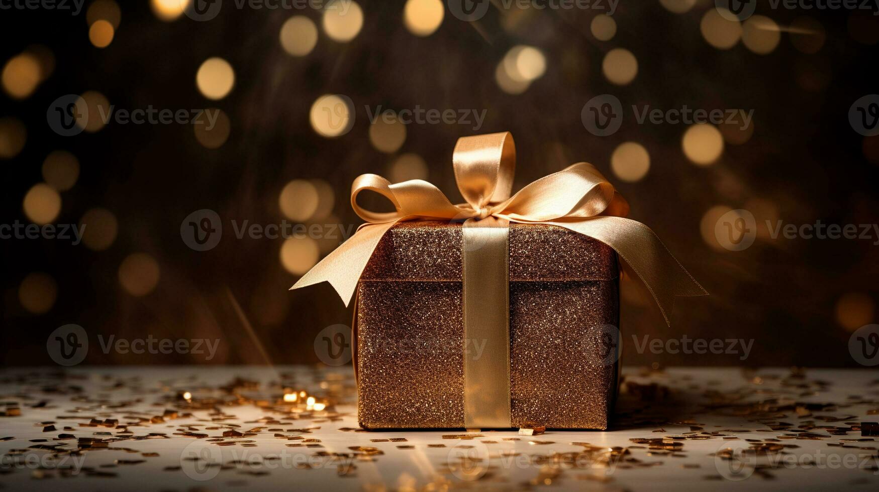 Gift box with a gold bow on the background of bokeh lights. photo
