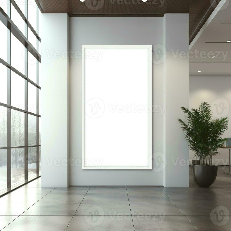 Blank white poster in gallery interior. Mock up, 3D Rendering. Modern bright interiors apartment with mockup poster frame 3D illustration. photo