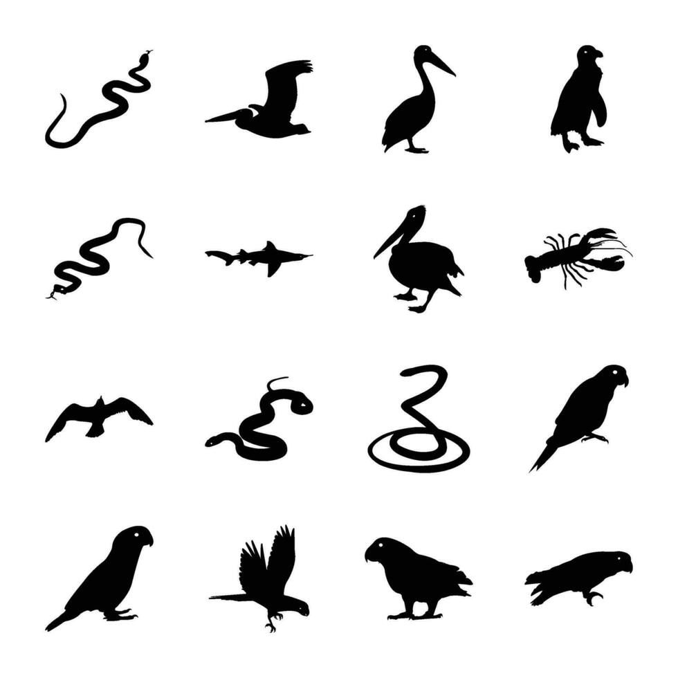 paquete de pájaro y reptiles sólido icono vectores