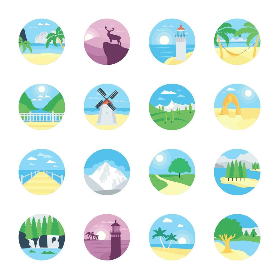 Pack of Beautiful Landscapes Flat Rounded Icons vector