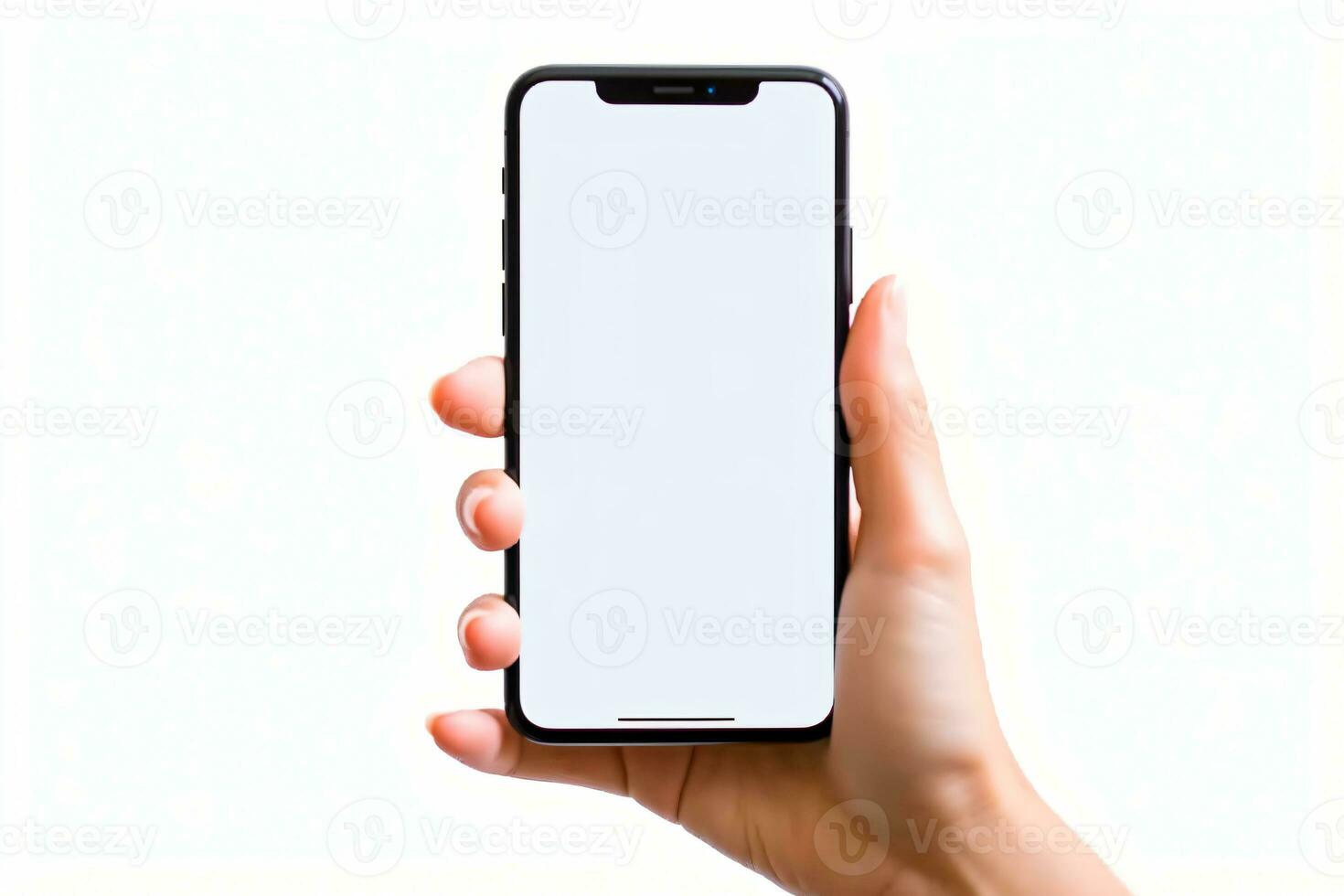 A caucasian woman hand holding a smartphone mobile phone isolated on a white background with copyspace photo