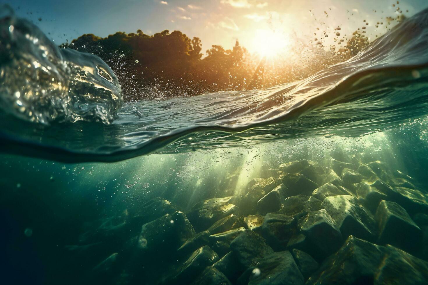 View of the ocean underwater at sunset photo