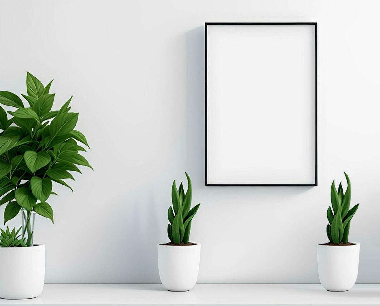 Empty frame mockup on white wall background next to artificial plants. photo