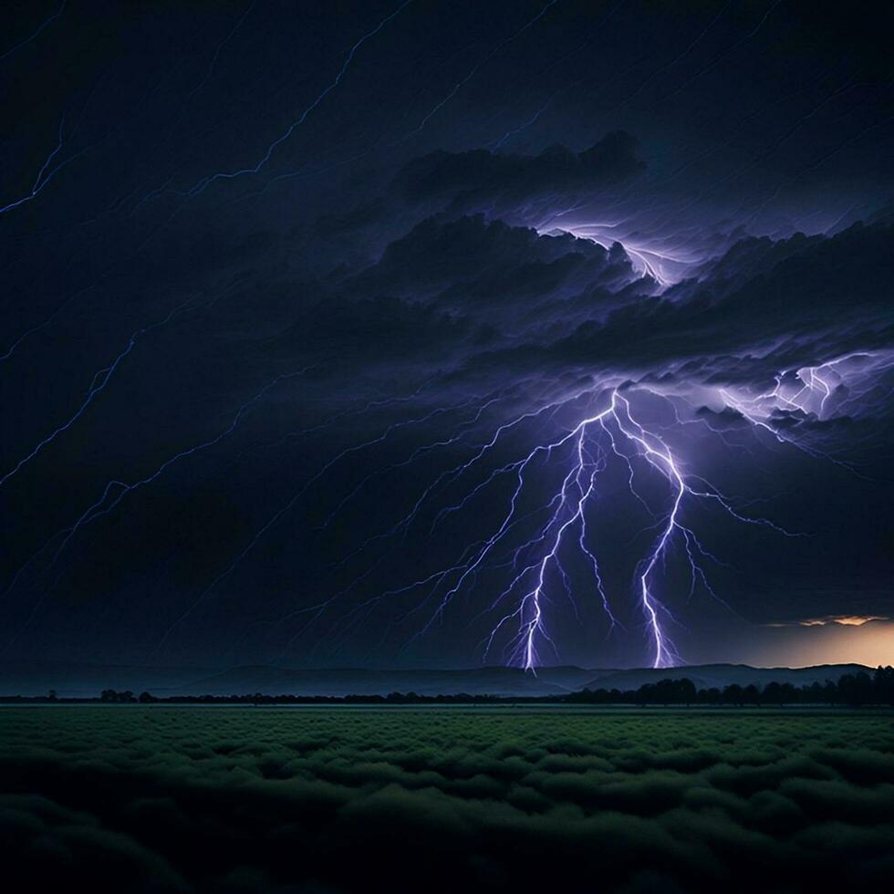 Dark cloudy lightning at night over a natural landscape. photo