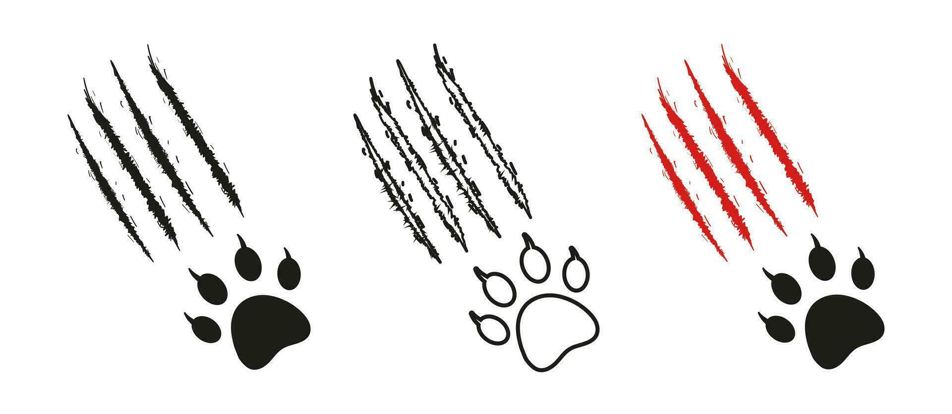 Cat paw print with scratches, claw marks. Black silhouette, outline, bloody color. Vector isolated on white. Icons. Paw of wild tiger, lion, puma, leopard, cheetah, jaguar, cougar manul lynx serval