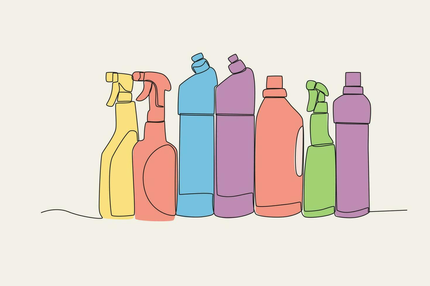 Color illustrations of various detergents and spray bottles vector