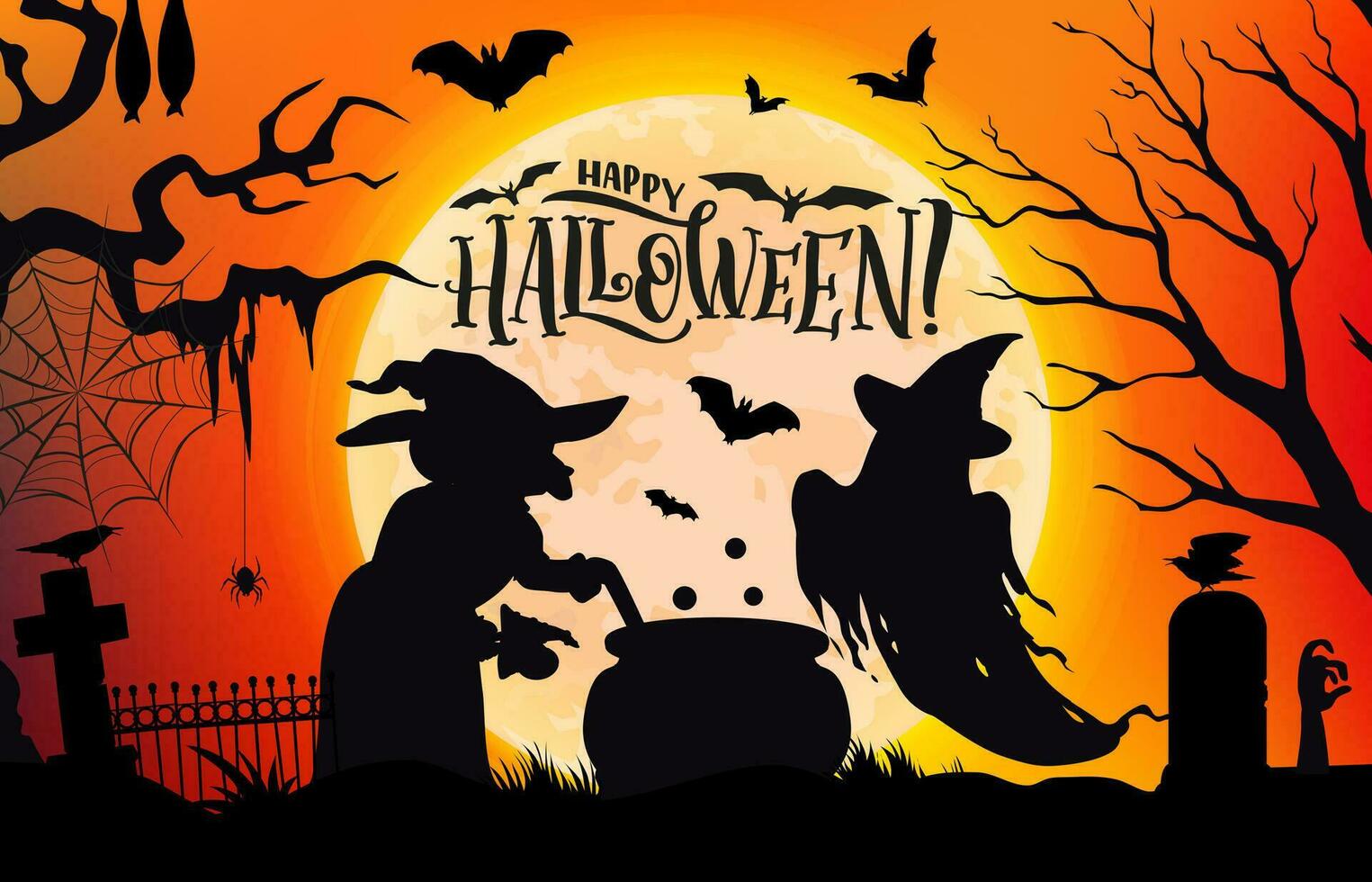 Halloween witch, cauldron and ghost silhouettes vector