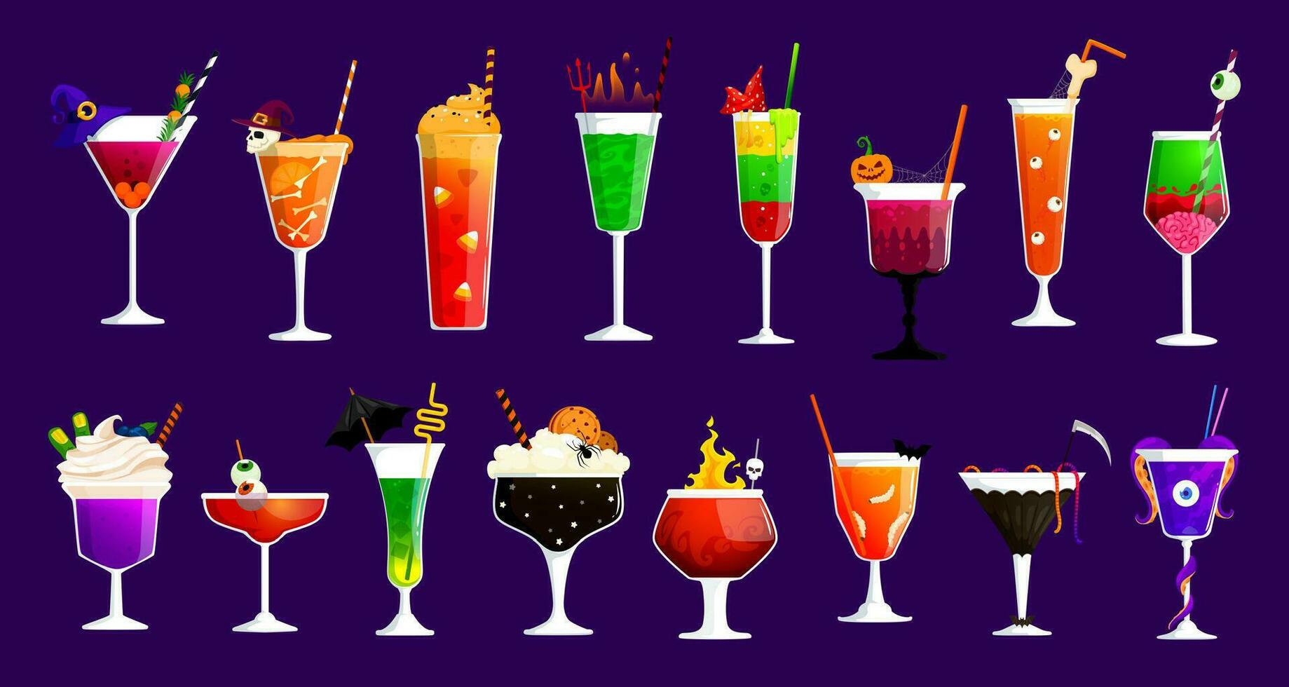 Halloween cocktail drinks, holiday party bar menu vector