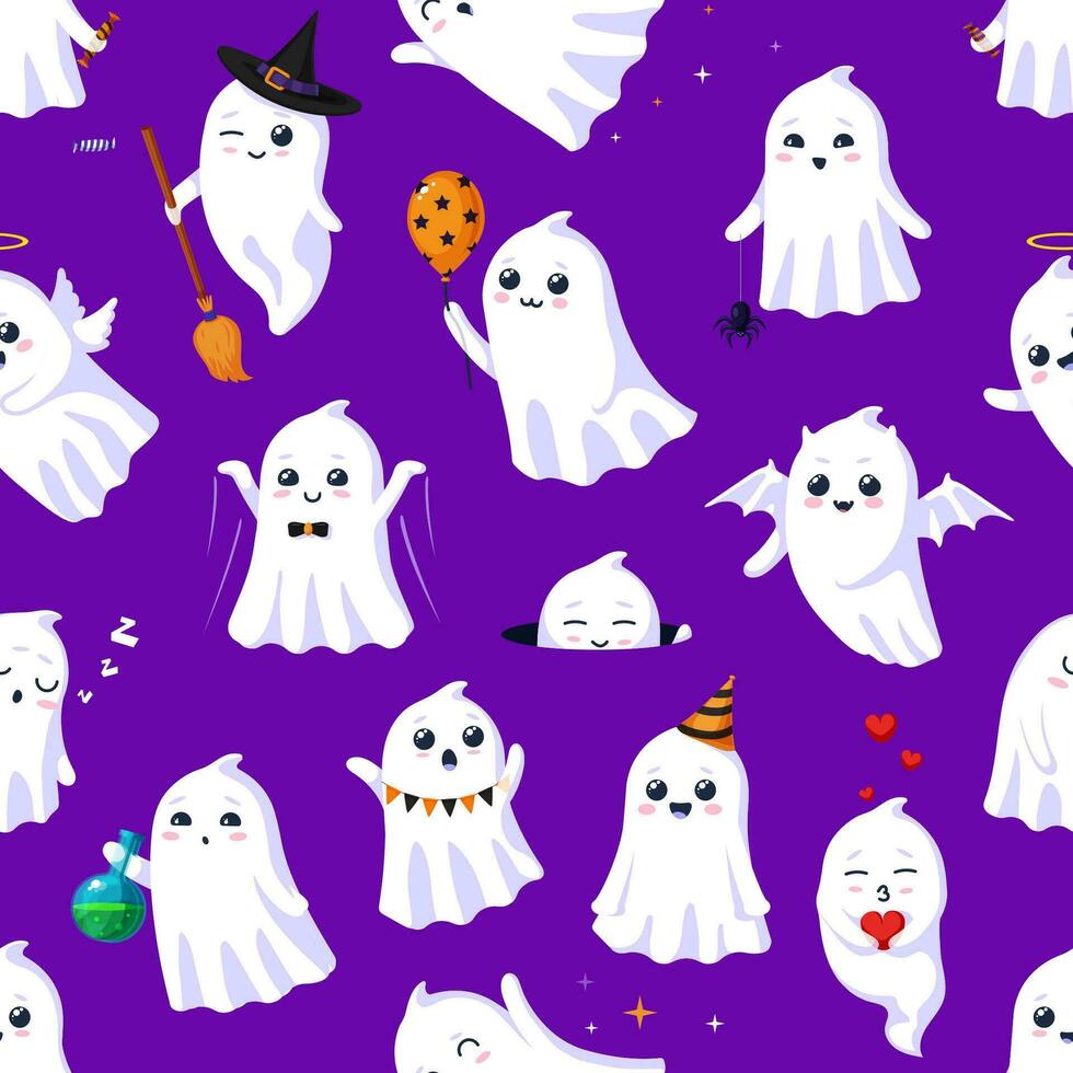 Halloween kawaii ghost characters seamless pattern vector