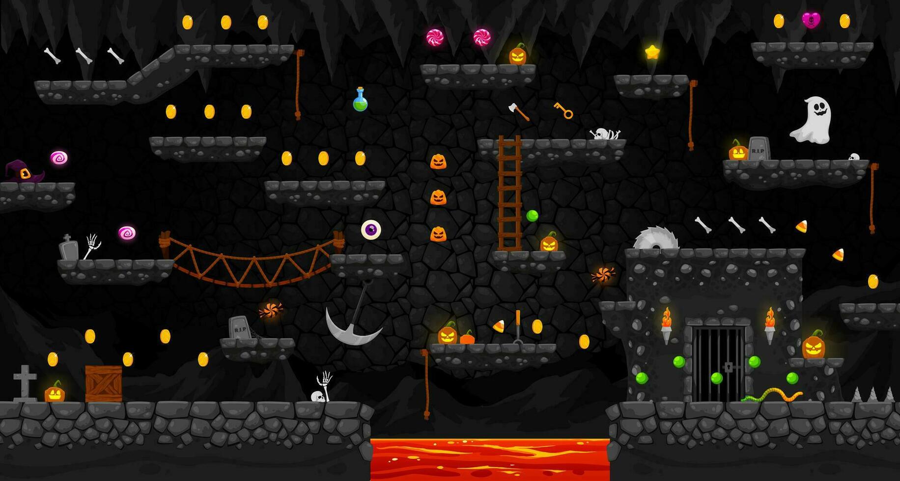Arcade Halloween horror cave landscape, game level vector