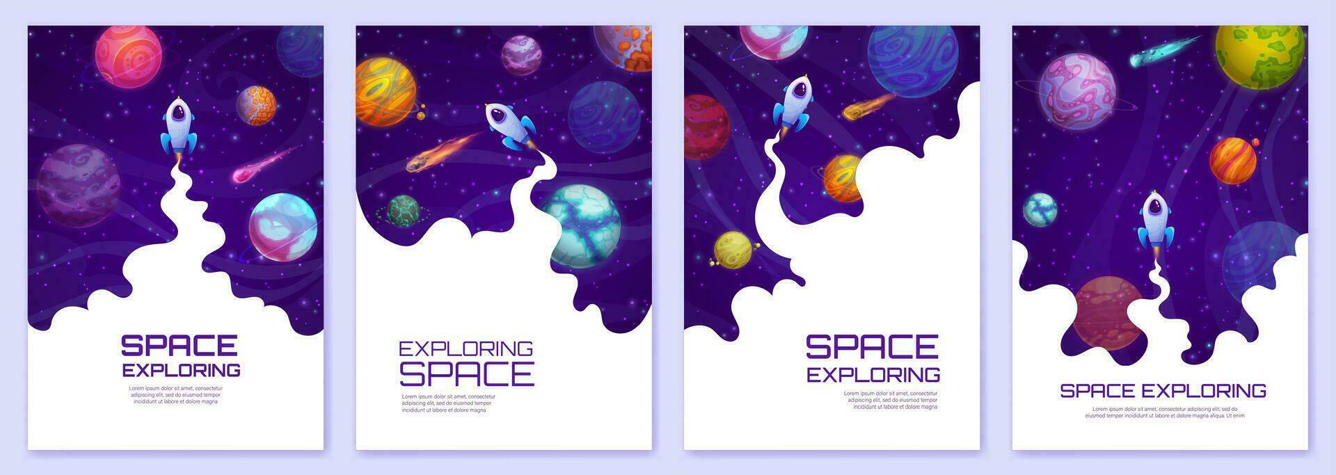 Landing page with cartoon space planets and rocket vector