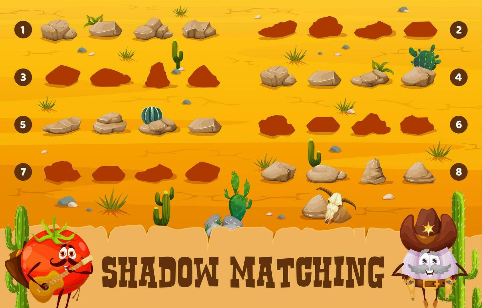 Western shadow match game, find shadow of stone vector