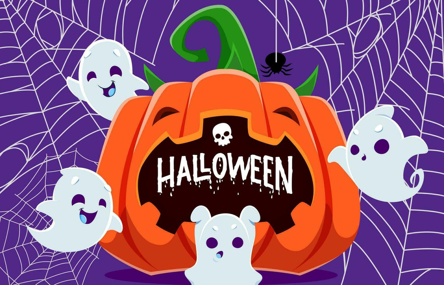 Halloween pumpkin and kawaii ghosts between cobweb vector