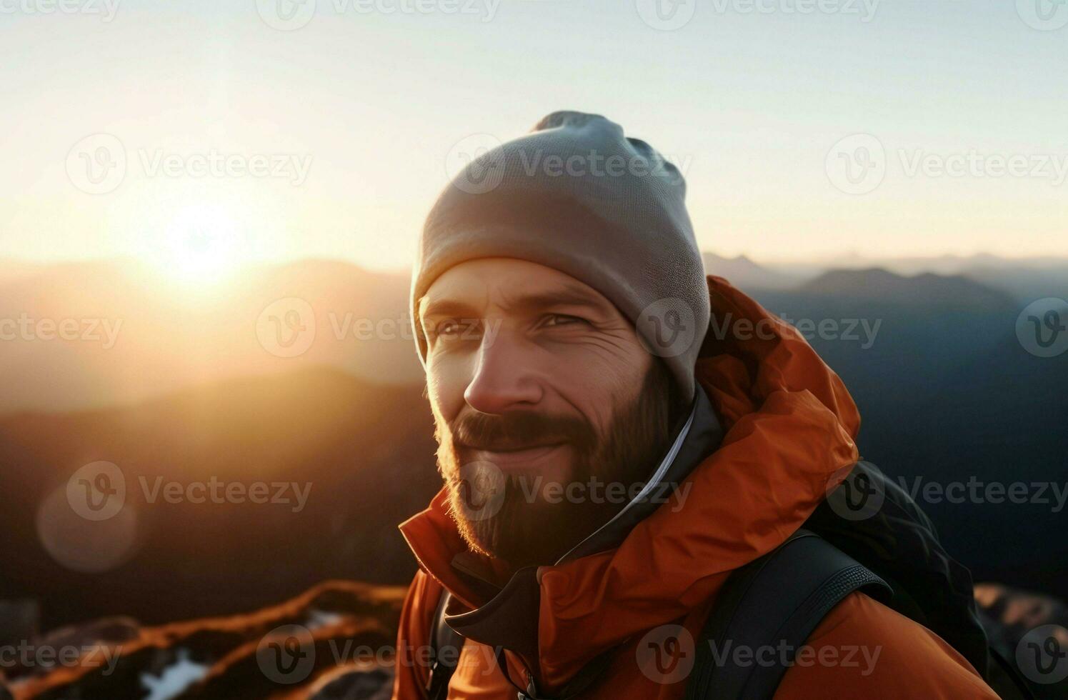 Hiker mountain peak. Generate Ai photo