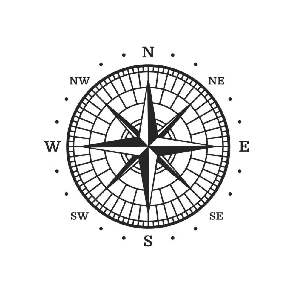 Old compass, vintage map wind rose, marine travel vector