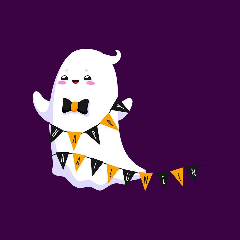 dibujos animados Víspera de Todos los Santos kawaii fantasma con bandera guirnalda vector