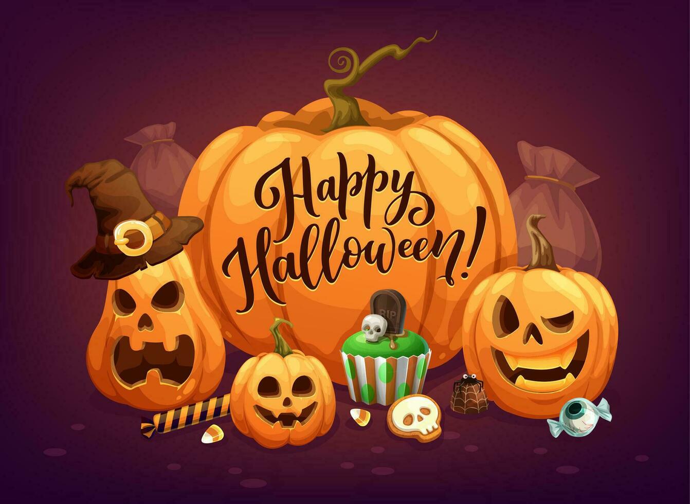 Cartoon Halloween pumpkins, holiday spooky sweets vector