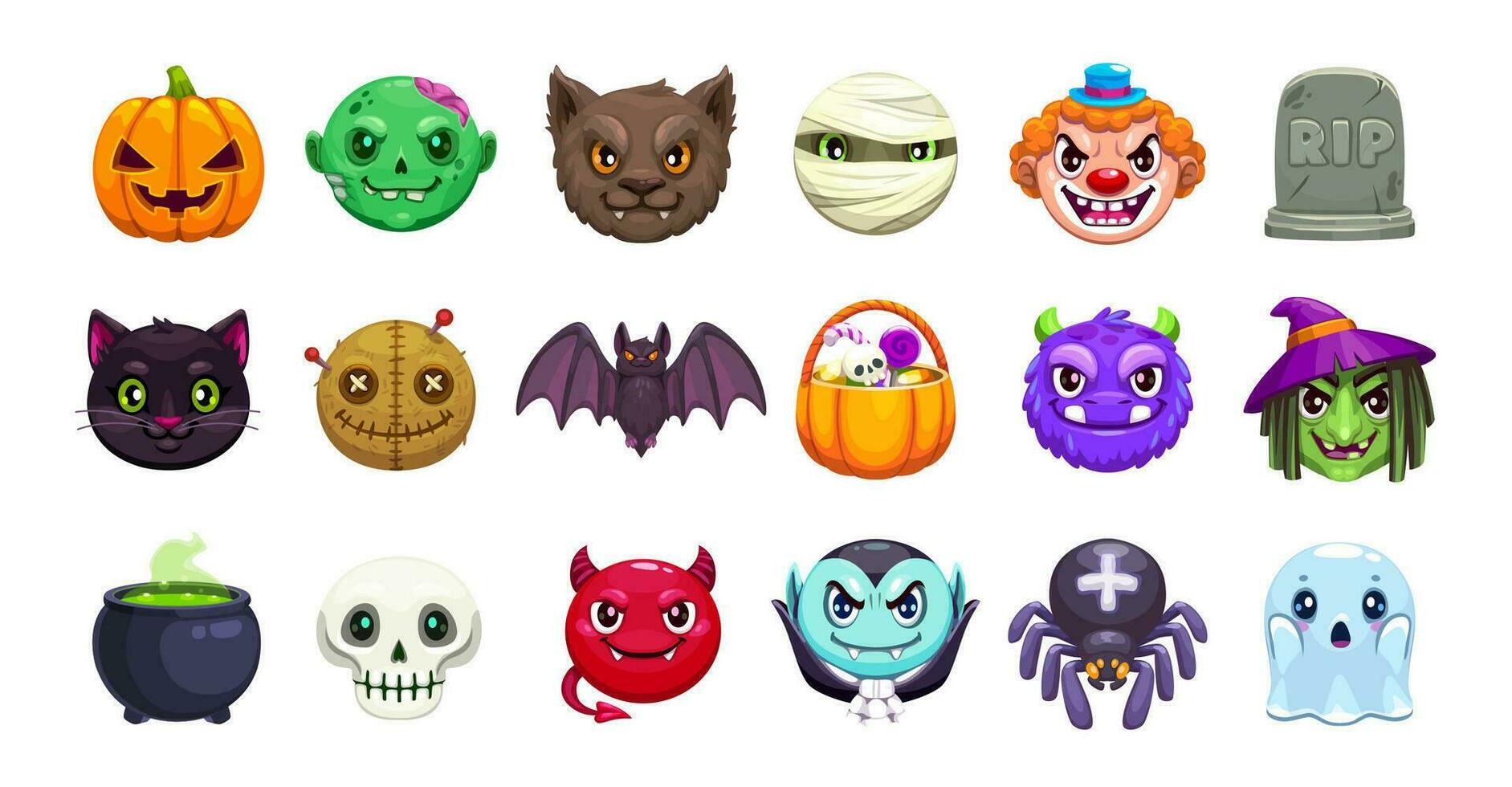 dibujos animados Víspera de Todos los Santos emoji colocar, monstruo abucheo emoticones vector