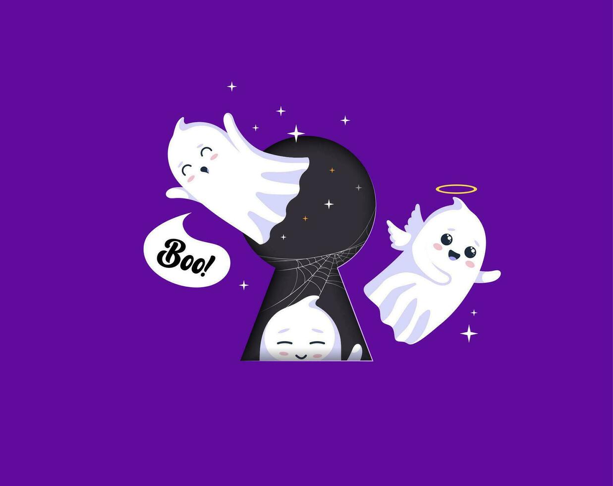 Cartoon Halloween kawaii ghosts flying keyhole vector