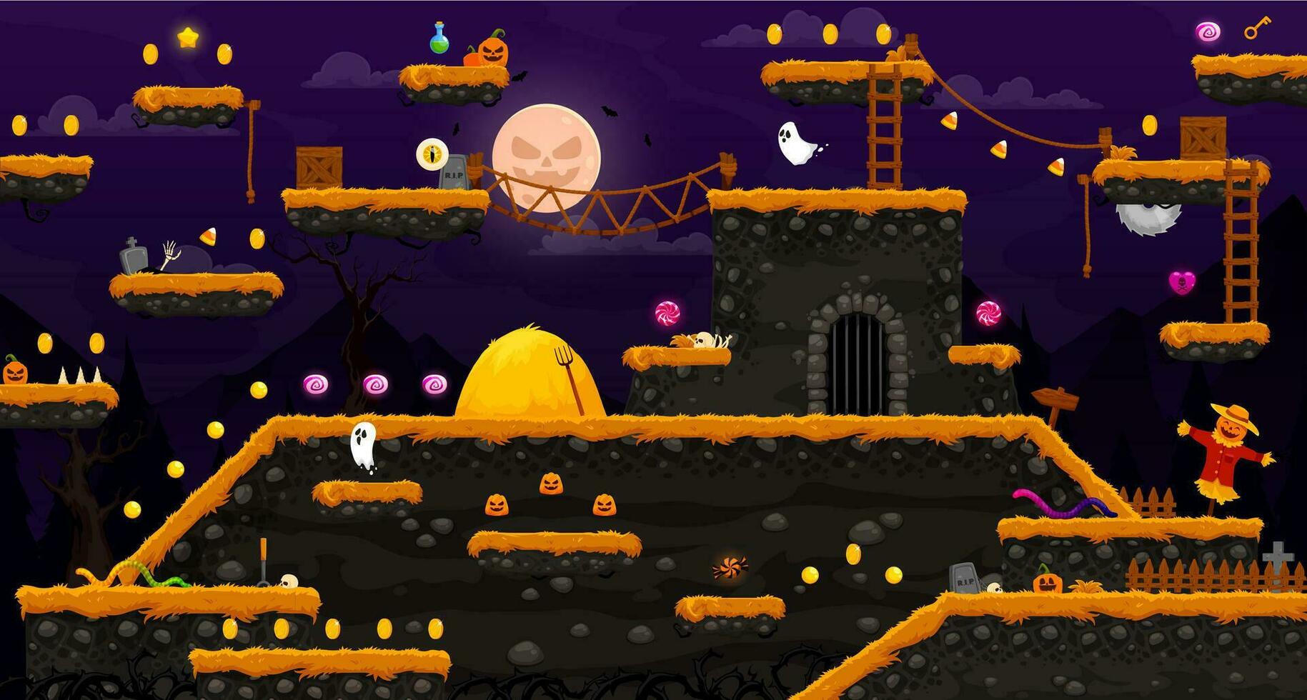 Arcade Halloween horror night landscape game level vector