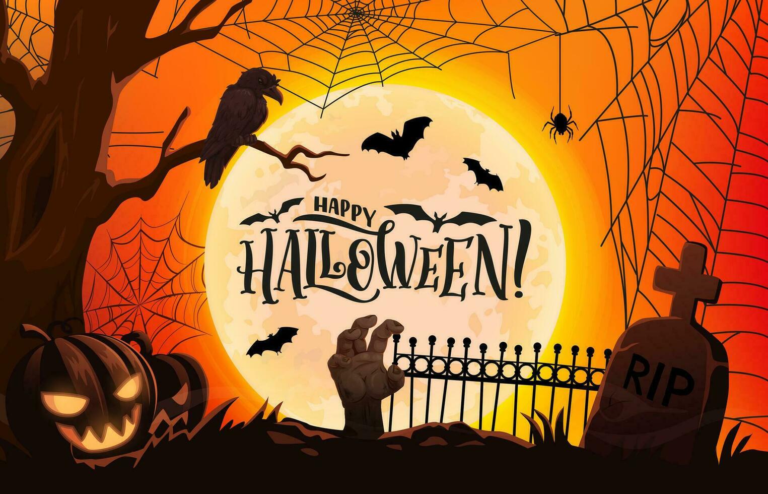 Halloween cemetery silhouette zombie hand, pumpkin vector