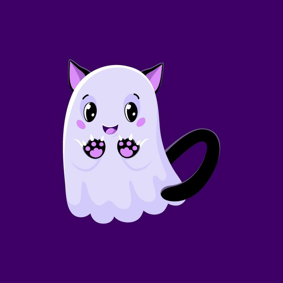 Cartoon cute Halloween kawaii ghost, devil cat vector