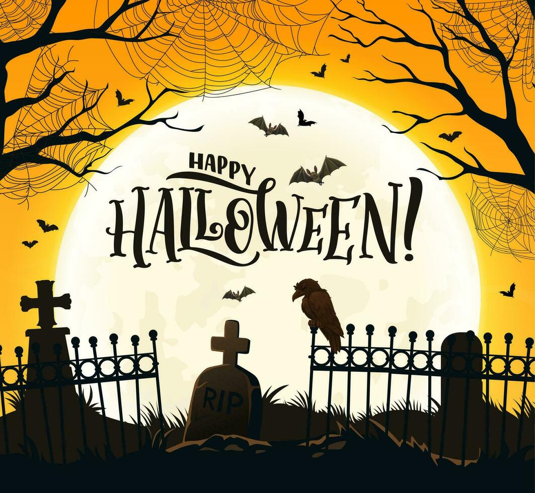 Halloween banner with cemetery silhouette, raven vector