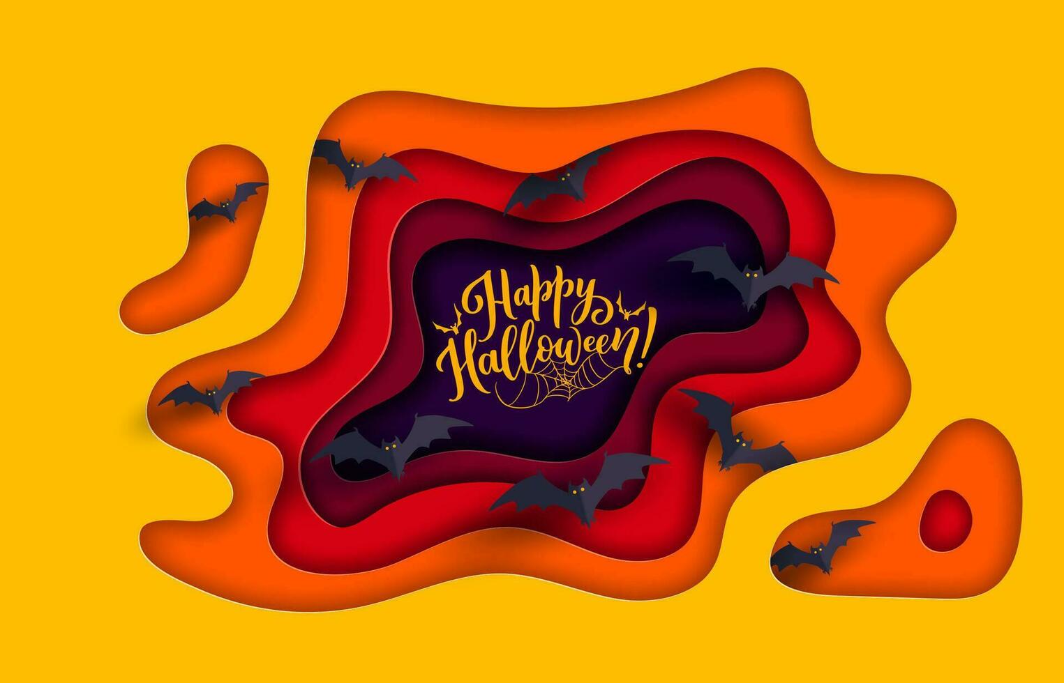 Halloween paper cut banner with bats, spiderweb vector