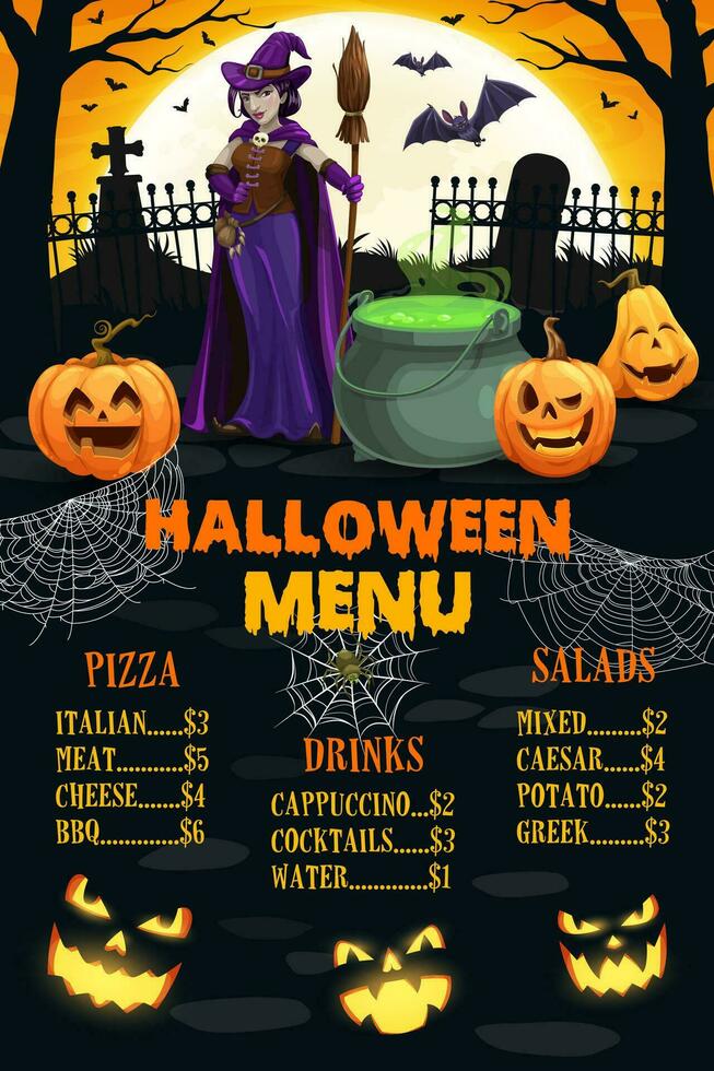 Halloween menu page with witch, cemetery, pumpkins vector