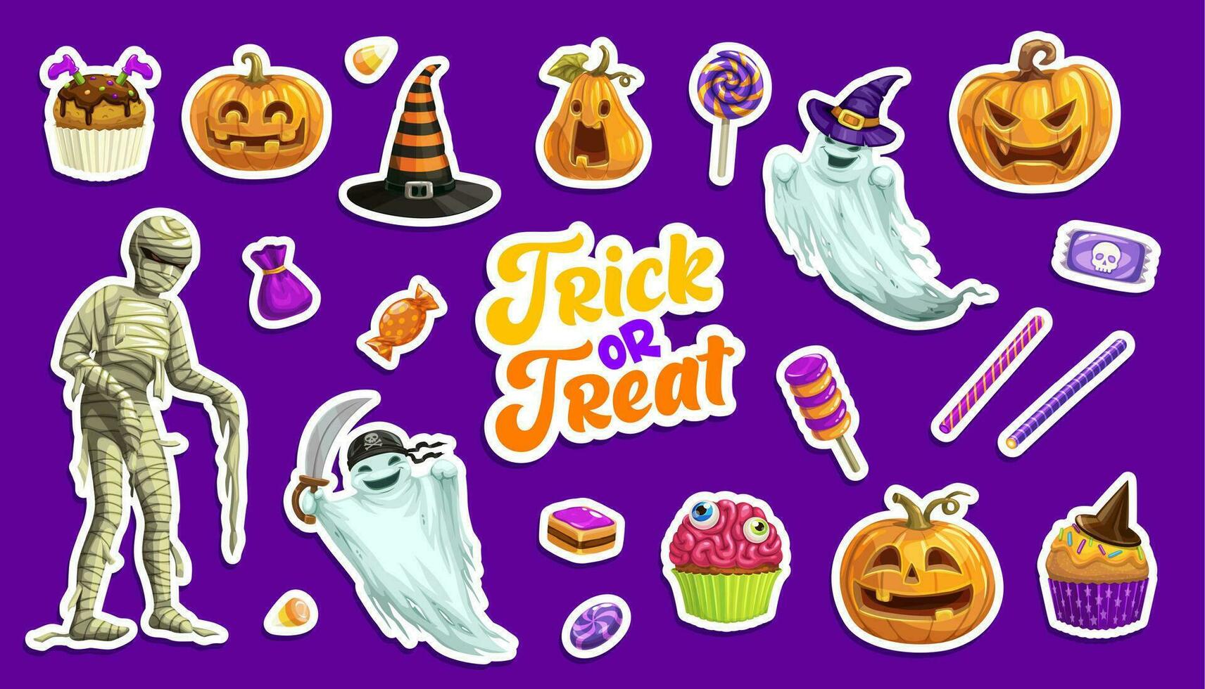 Halloween stickers, pumpkins, witch, ghosts, mummy vector