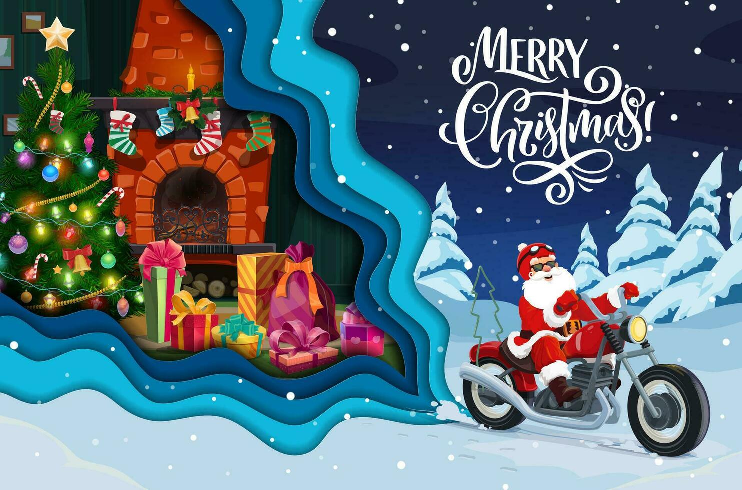 Navidad papel cortar Papa Noel en bicicleta y hogar vector