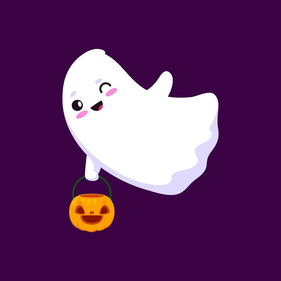 Cartoon kawaii ghost holding a pumpkin bucket vector