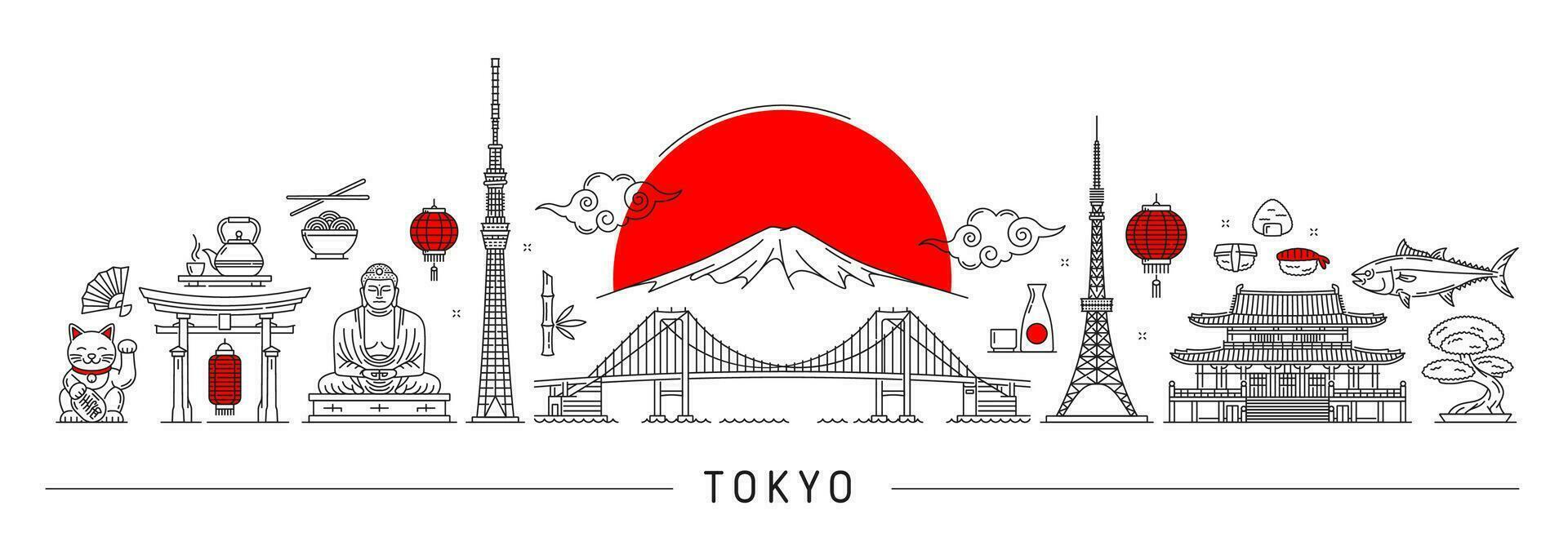 Tokyo silhouette. Thin line Japan travel landmarks vector