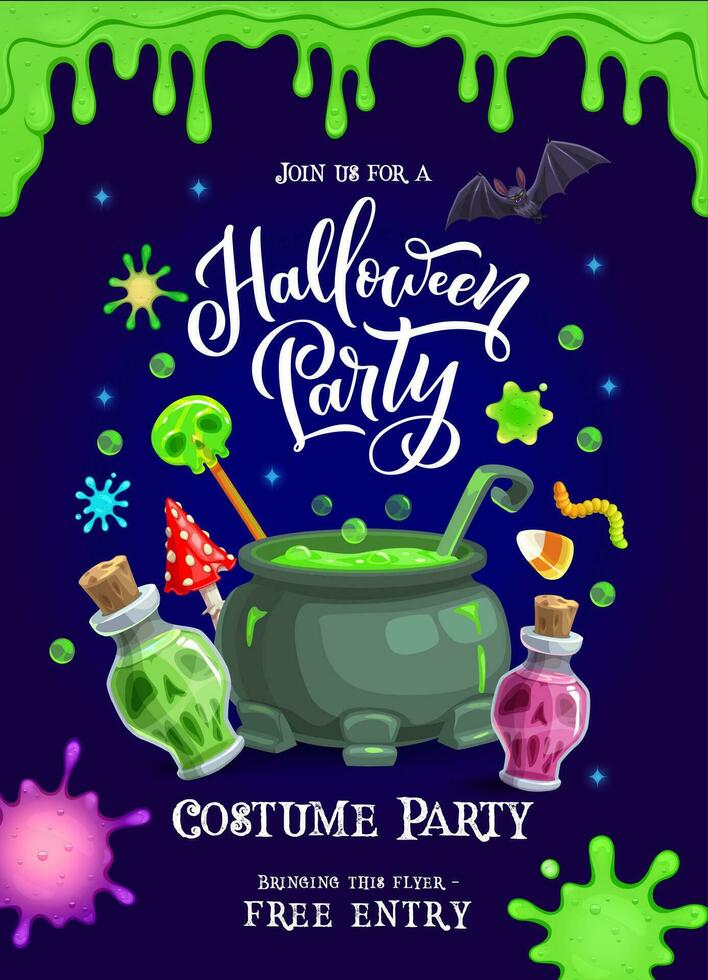 Halloween party flyer, slime and potion cauldron vector