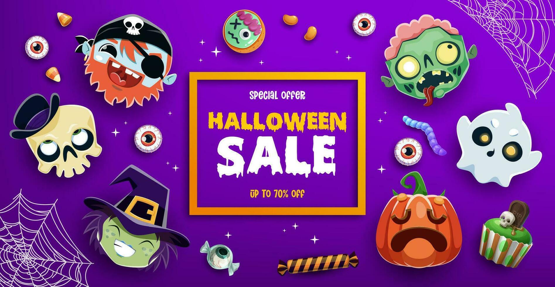 Halloween sale banner, cute holiday emoji faces vector
