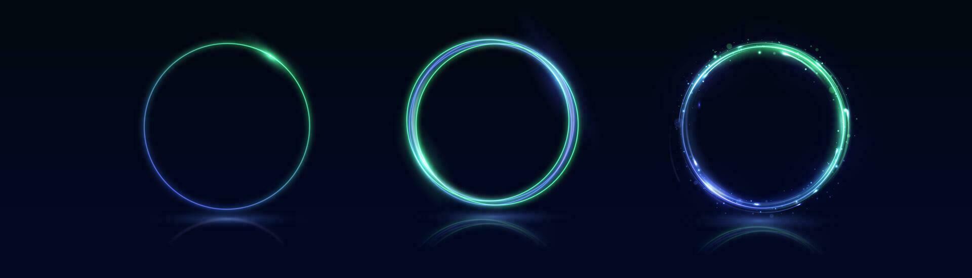 Neon swirl. Curve blue line light effect. Abstract ring background with glowing swirling background. Energy flow tunnel. Blue portal, platform. Magic circle vector. Luminous spiral. round frame vector