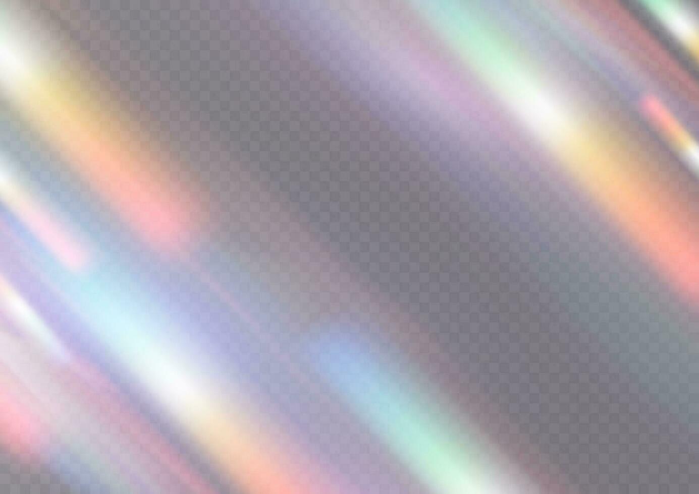 Iridescent crystal leak glare reflection effect. Optical rainbow lights, glare, leak, streak overlay. falling confetti. Vector colorful vector lenses and light flares with effects.