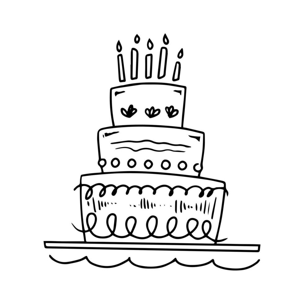 Big cake with candles in doodle style on a white background. Festive concept. Hand drawn vector outline sketch icon.