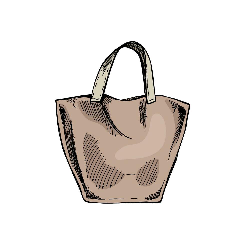 dibujado a mano eco bolso bosquejo. ecológico concepto, naturaleza proteccion, textil lino bolsa. de colores garabatear dibujo. Clásico ilustración. vector