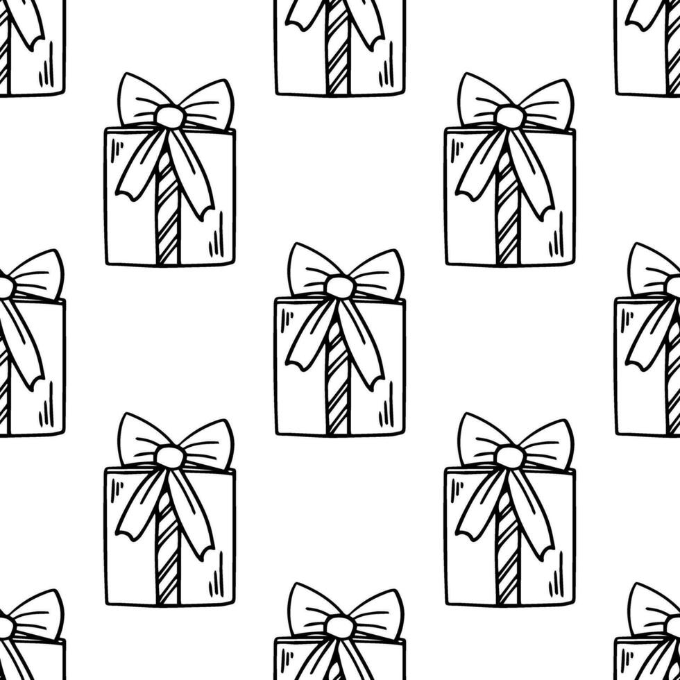 Doodle-style gift box seamless pattern. Festive concept. Hand drawn vector outline sketch.