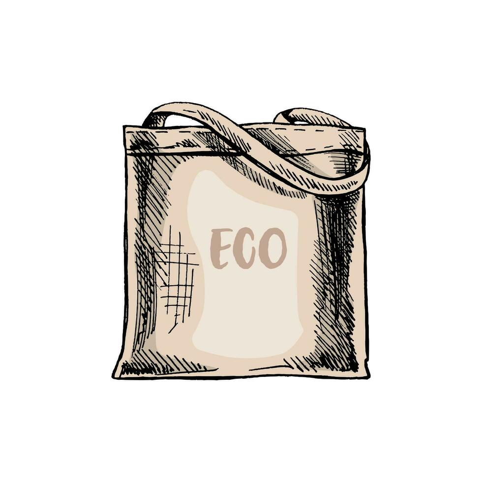 dibujado a mano eco bolso bosquejo. ecológico concepto, naturaleza proteccion, textil lino bolsa. de colores garabatear dibujo. Clásico ilustración. vector